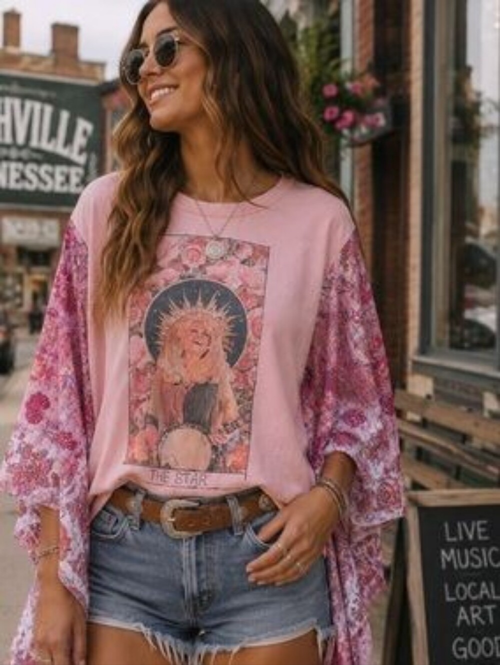 Blue Velvet Dolly Parton Kantha Patchwork Poncho Graphic Top Floral Boho S/M